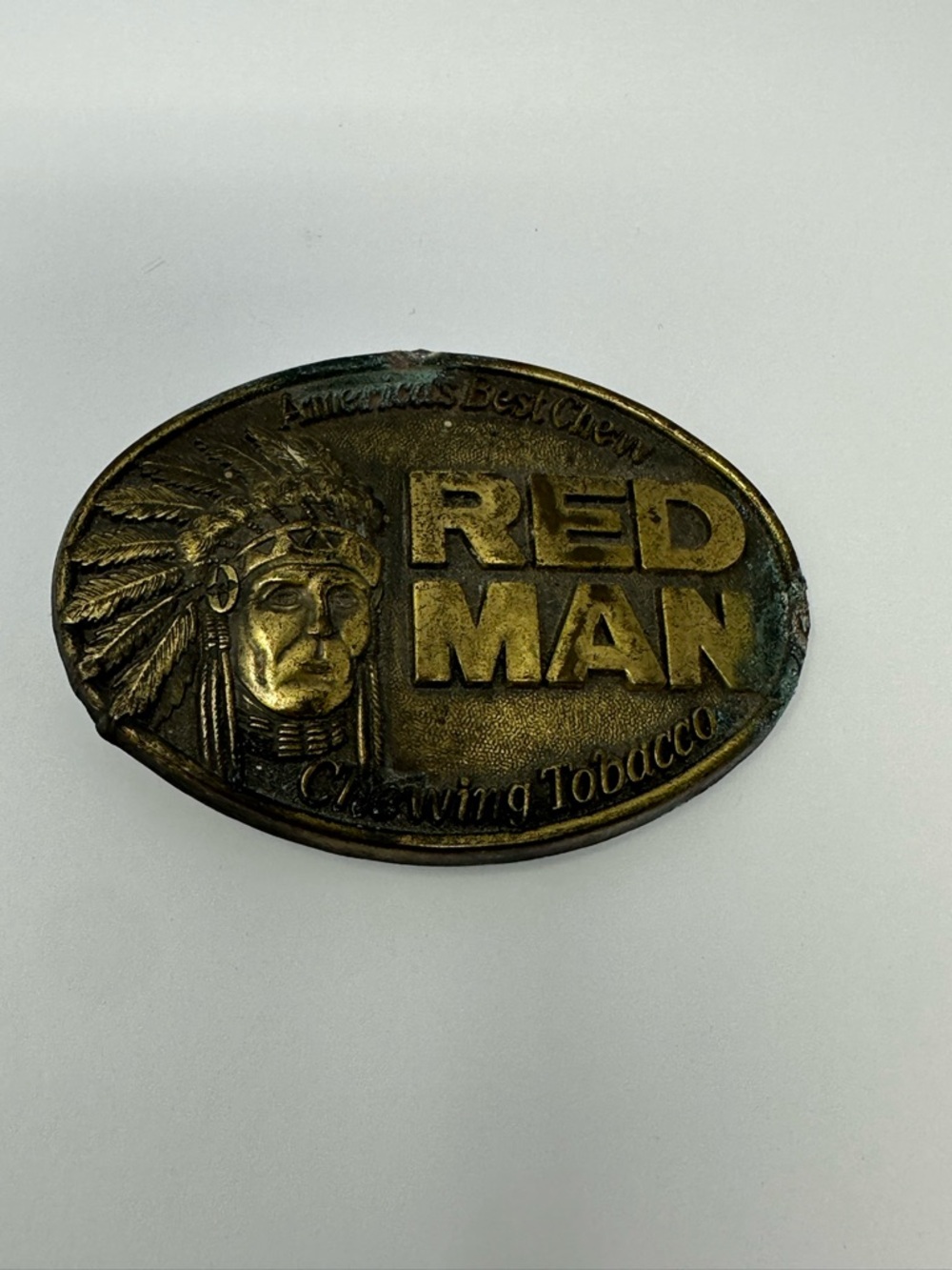 Vintage 1988 Red Man Chewing Tobacco 3.25” Brass Belt Buckle The Pinkerton U9